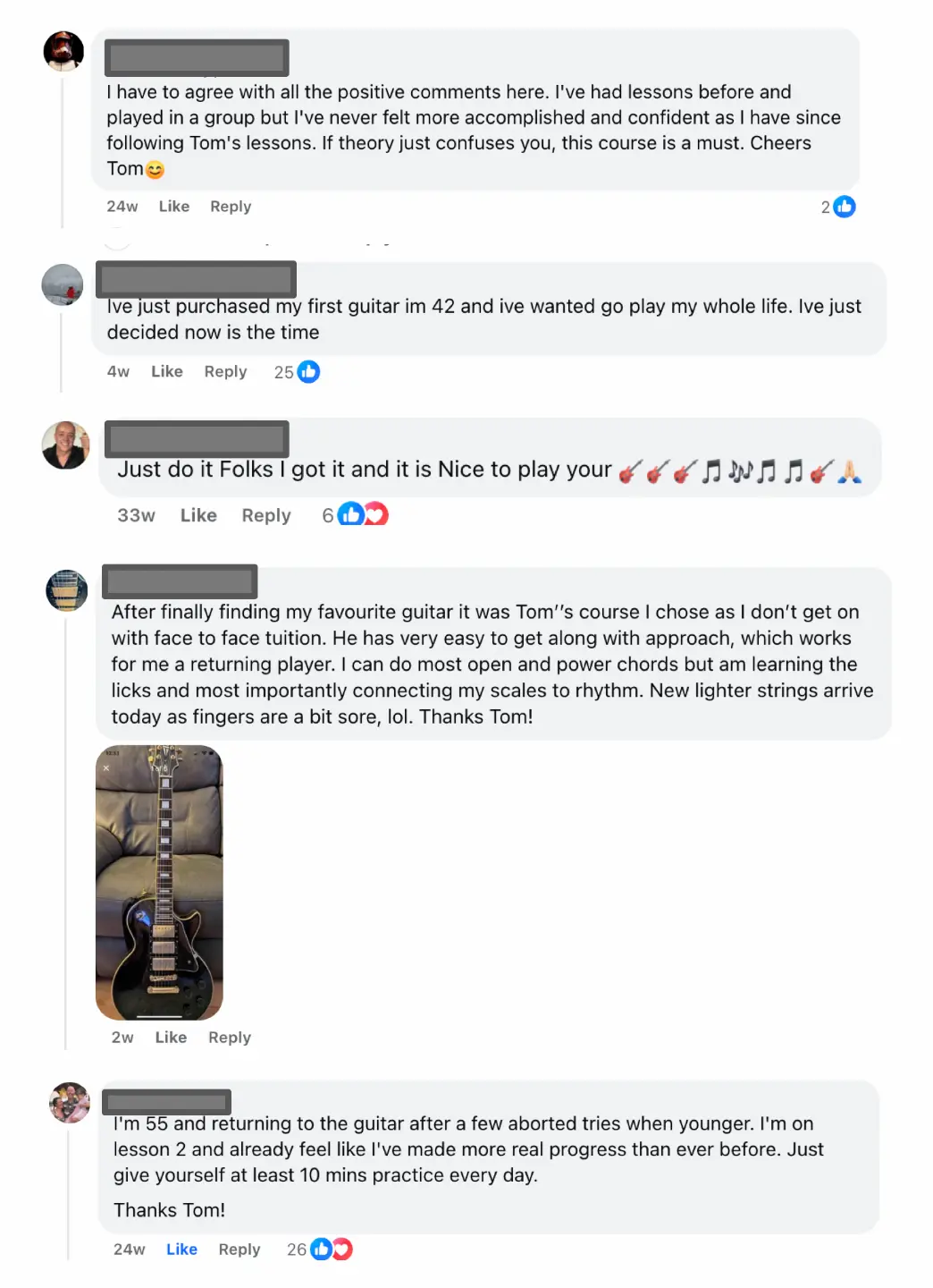 Facebook comments from Zero Theory Guitar School students